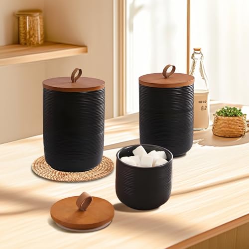 Food Storage Jar Strong Ceramic Storage Canisters with Airtight Wooden Lid (3 Count)