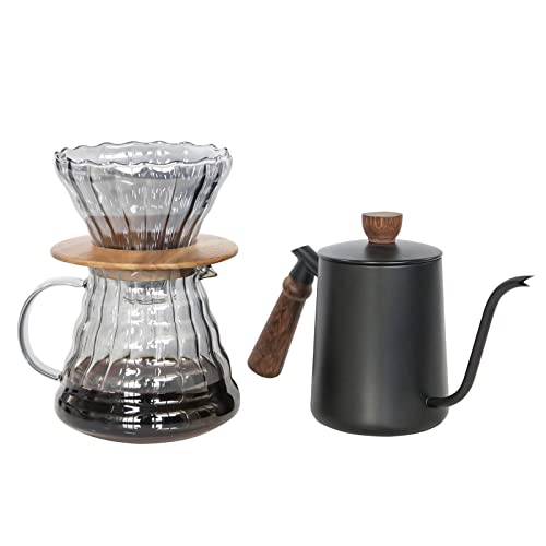 Pour Over Coffee Maker Set with Black Gooseneck Kettle Wooden Storage Tray Coffee Dripper Glass Server Coffee Scoop DIY Manual Coffee Maker Set