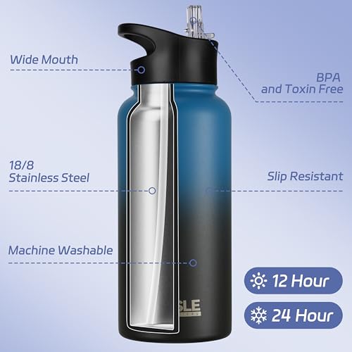 32 oz Insulated Water Bottle Stainless Steel Double Walled Vacuum Sports Water Bottle with 2 Lids