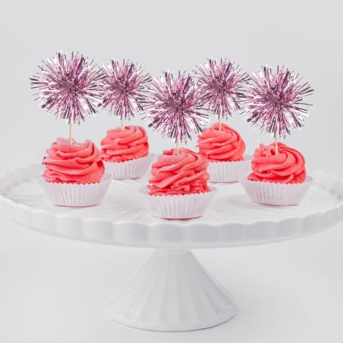 40 PCS Foil Firework Cupcake Toppers Sparkle Tinsel Cupcakae Picks Sparkler Fireworks Party Decorations Cocktail Fruit Toothpick for Birthday Wedding Graduation Party Decorations Supplies Pink (40 Count)