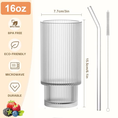 16OZ Ribbed Glass Cups with Lids and Straws