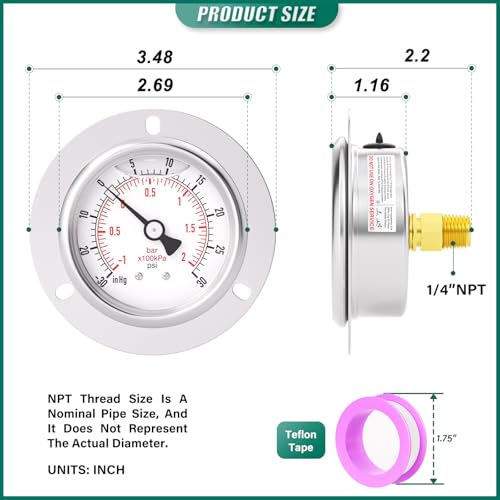 30inHG 30PSI Panel Mount Front Flanged Glycerin Filled Pressure Gauge