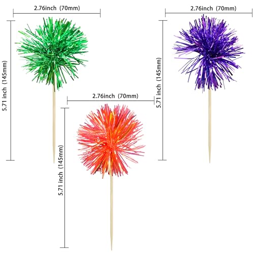 30Pcs Foil Firework Cupcake Toppers Sparkle Tinsel Cake Toppers Tinsel Drink Cake Decoration Cocktail Picks for Halloween Birthday Wedding Graduation Party Supplies Purple Green Orange (30 Count)