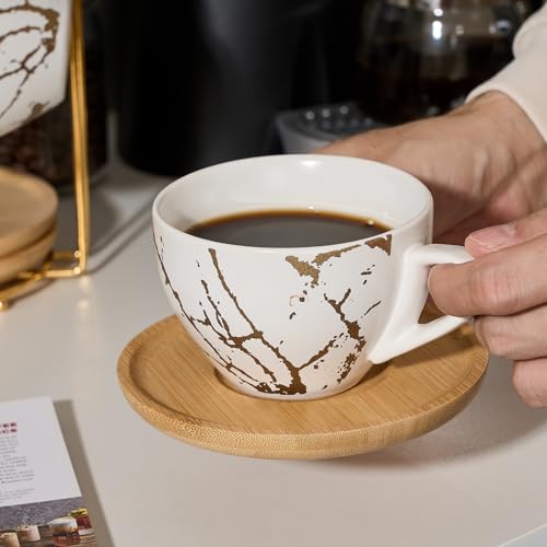 Ceramic Demitasse Espresso Cups Set with Saucers and Metal Stand (4 Count)
