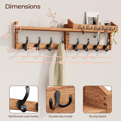35" Coat Rack Wall Mount with Shelf & 13 Hooks