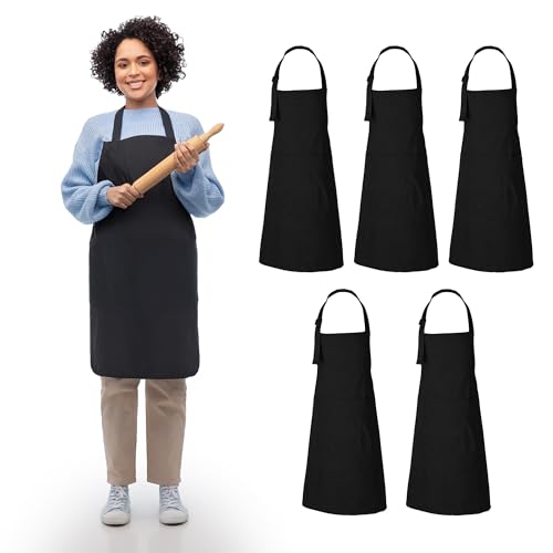 RAJRANG Black Apron Chef for Men and Women with Pockets Cotton Kitchen Cooking Full Aprons 35x27 Inches Pack of 5 (5 Count)