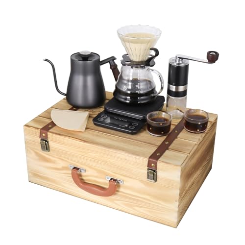 Pour Over Manual Coffee Maker Set 2 Cup Coffee Dripper with Wooden Suitcase Coffee Kettle Scale Bean Grinder All In 1 Traveling Camping Hiking