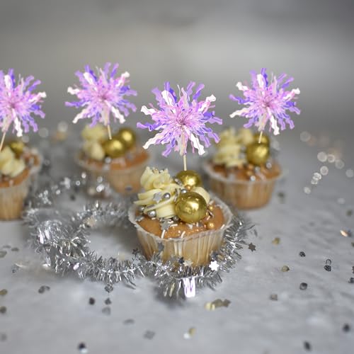 30Pcs Foil Firework Cupcake Toppers Happy Birthday Cake Toppers Tinsel Flower Drink Stirrers Cocktail Food Fruit Toothpicks for Valentine's Day Party Birthday Wedding Supplies Purple (30 Count)