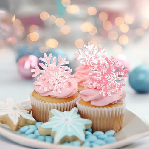 50Pcs Edible Snowflake Cupcake Cake Toppers Wafer Paper Snowflake Cake Decorations for Christmas Winter Frozen Theme Party Supply Decoration Multi Pink (60 Count)