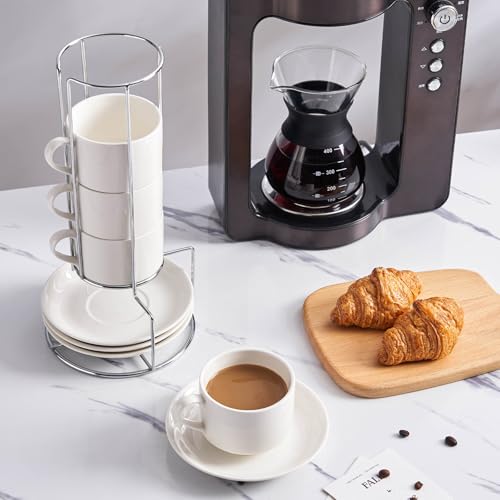 8 Ounce Stackable Cappuccino Cups with Saucers and Metal Stand (4 Count)