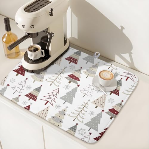 Christmas Tree Dish Drying Mat for Kitchen Counter Christmas Pine Tree Dish Drying Mat 18x24 Inch Geometric Winter Dish Draining Mat Absorbent Reversible Dish Pad Kitchen Accessories Table Protector