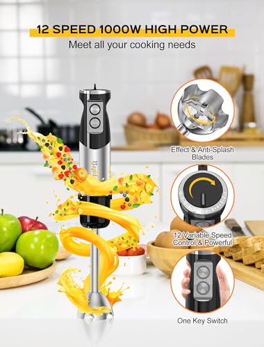 6-in-1 Hand Immersion Blender, 1000W 12 Speed Handheld Blender with 600ml Beaker, 500ml Chopper, Egg Whisk, Milk Frother, Stainless Steel Blades for Soup, Smoothie, Puree