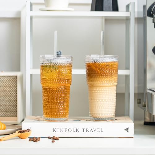 20oz Hobnail Glass Tumbler with Bamboo Lids and Straws