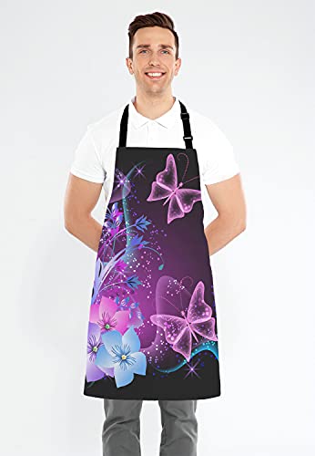 Purple Apron Pink Purple Butterfly and Flowers Adjustable Bib Apron Kitchen Cooking Baking Gardening Apron for Women Men