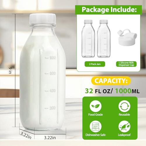 2 Pack 32 Oz Glass Milk Bottle with Reusable Lid (2 Count)