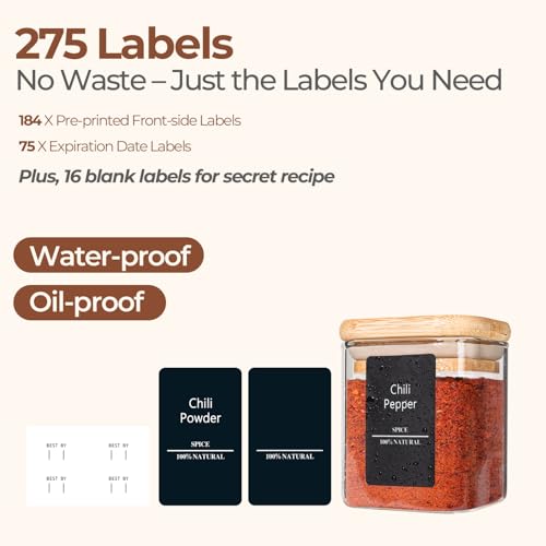 Square Glass Spice Jars with Labels 4 oz 16 Pack with Bamboo Lids (16 Count)