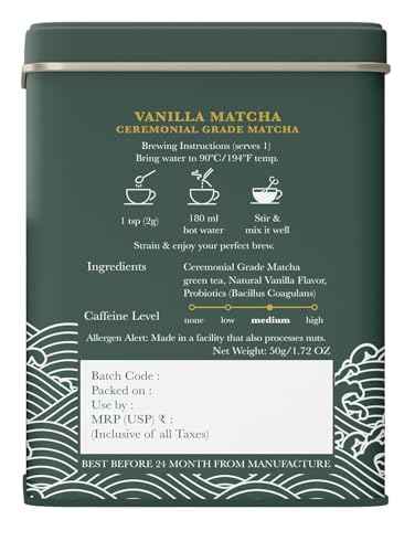 Luxmi Estates Vanilla Matcha with Priobiotics (50 g) Organic Matcha Tea, Rich in Antioxidants, Tea for Relaxing