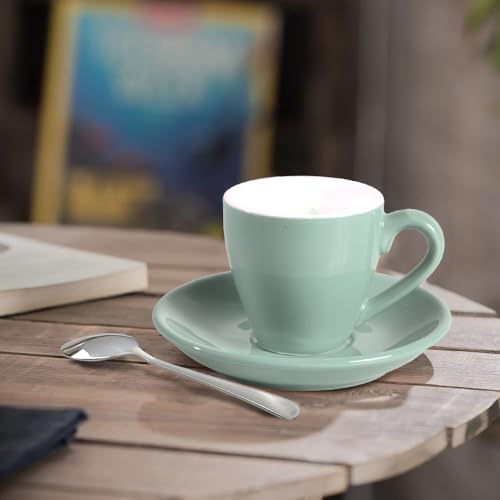 Porcelain Espresso Shot Cup Set with Saucers and Stainless Steel Spoons (4 Count)