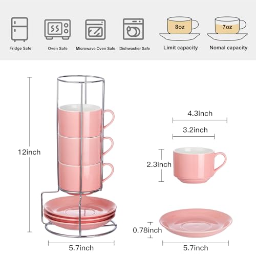 8 Ounce Stackable Cappuccino Cups with Saucers and Metal Stand (4 Count)