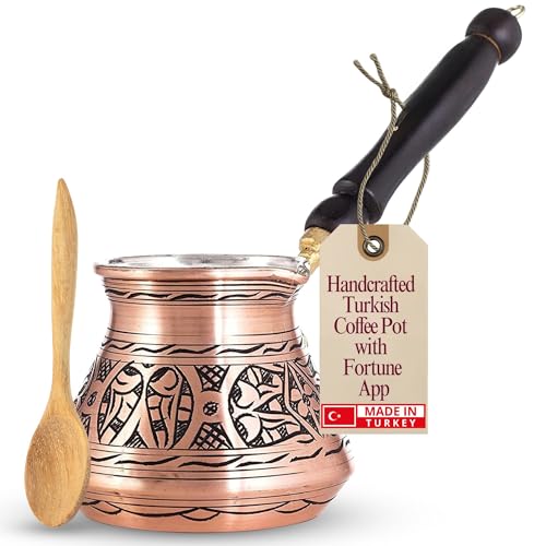12 Oz Copper Turkish Greek Arabic Coffee Pot with Wooden Handle