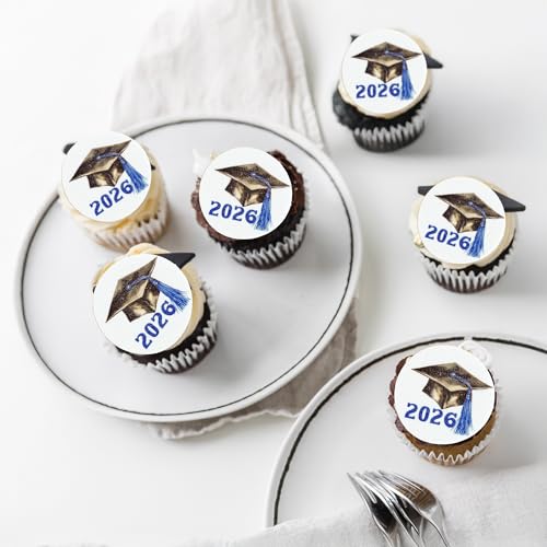48Pcs Edible 2026 Graduation Cap Cupcake Toppers Wafer Paper Class of 2026 Grad Cap Cupcake Picks for 2026 Graduation Theme Party Cake Decorations Supplies Blue (48 Count)