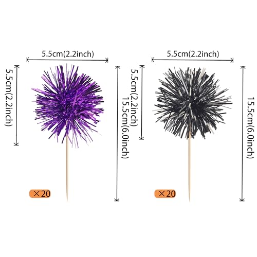 40 PCS Foil Firework Cupcake Toppers Sparkle Tinsel Cupcake Picks Fireworks Birthday Party Decorations Cocktail Fruit Toothpick for Birthday Wedding Graduation Party Decorations Supplies Black Purple (40 Count)