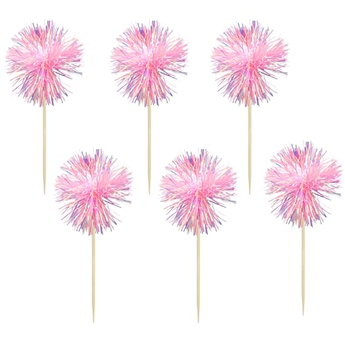 30Pcs Foil Firework Cupcake Toppers Sparkle Tinsel Cake Toppers Tinsel Drink Cake Decoration Cocktail Picks for Birthday Wedding Graduation Party Supplies Dark Pink (30 Count)