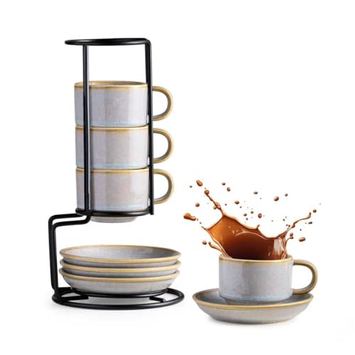 2.5oz Stackable Espresso Cups Set of 4 with Saucers & Stand (8.25 Count)