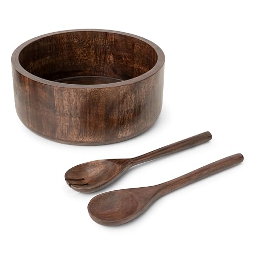 12" Dark Burnt Wooden Salad Bowl Set with Serving Utensils Eco