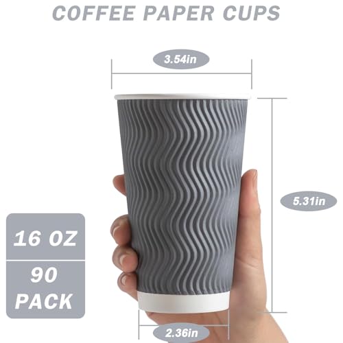 90 Pack 16 oz Coffee Cups Disposable Insulated Paper Cup Gray (90 Count)