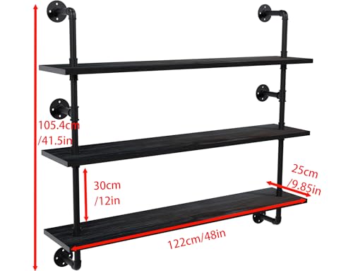 Industrial Pipe Shelving Rustic Black Wall Shelves with Wood Planks Industrial Floating Shelves 48 Inch 3 Tier Farmhouse Bookshelf Pipe Shelves Wall Mounted