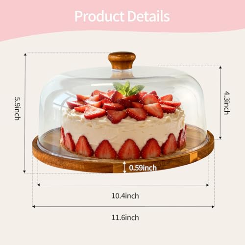 Wood-Cake-Stand With Acrylic Lid, Round Acacia Cake Holder With Cover, 2-in-1 Cake Plate with Dome, Dessert Table Display Set For Party, Charcuterie Board For Cheese, Chips & Dips, Nachos, Fruit Platter