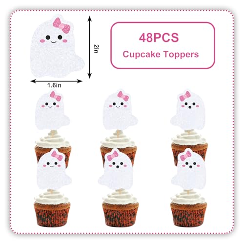 48Pcs Halloween Cupcake Toppers Pink Bow Ghost Cupcake Picks Cute Ghost Cake Decorations for Halloween Birthday Party Supplies (48 Count)