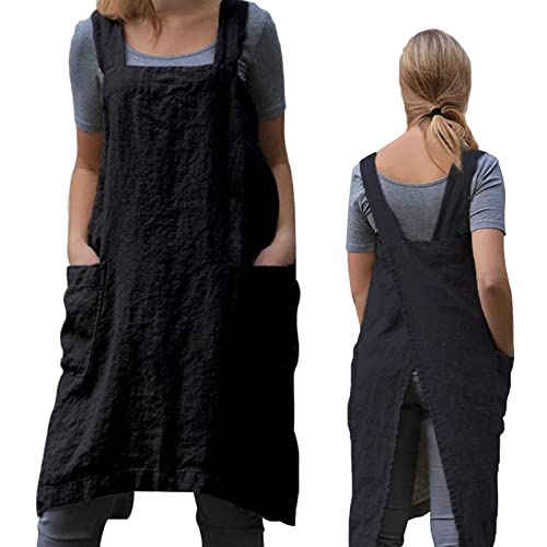 Pinafore Cross Back Apron for Women with Pockets