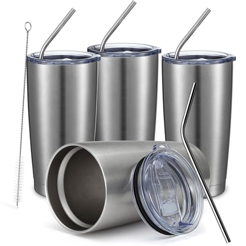 20oz Stainless Steel Tumbler Bulk Double Wall Vacuum Coffee Cup Insulated Travel Mug with Lid and Straw Durable Powder Coated Insulated Coffee Cup for Cold & Hot Drinks (4 Count)