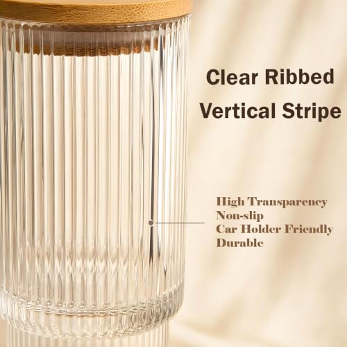 Glass Cups with Lids and Straws 16 oz Ribbed Drinking Glasses Set (4 Count)