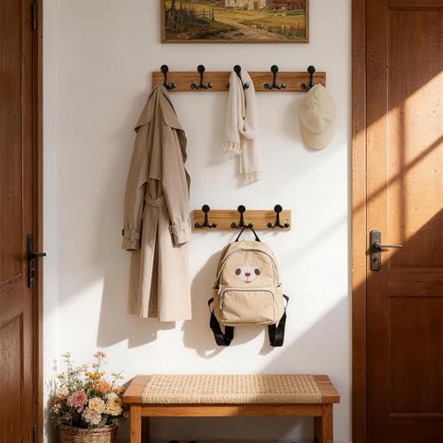 24 Inch Wood Coat Rack Wall Mount with 5 Triple Hooks