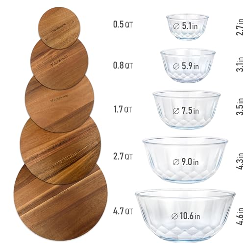 Large Stackable Glass Mixing Bowls with Acacia Lids Set of 5