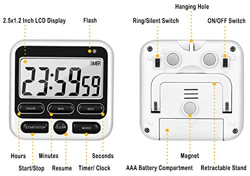 4-in-1 Digital Timer with Count Up/Down, Clock & Alarm, Ring & Silent Modes