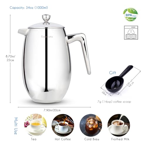 Nando French Press 34 oz Double Wall Insulated Thermal Coffee Maker