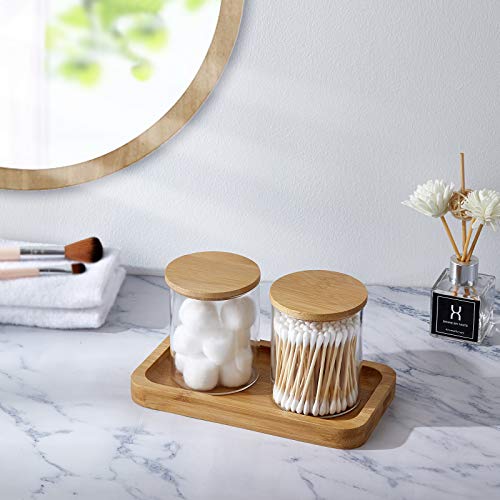 2 Pack Glass Qtip Holder Dispenser with Bamboo Vanity Tray
