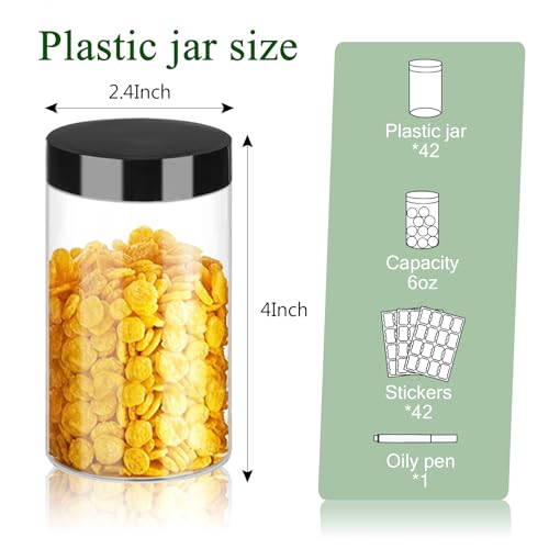 Plastic Jars with Lids 6OZ 42PCS Small Empty Slime Cosmetics Containers Clear Gift Food Jars Round PET Cream Jars with Black Lids Pen Labels for Kitchen Storage Spices Dry Food Body Butter (42 Count)