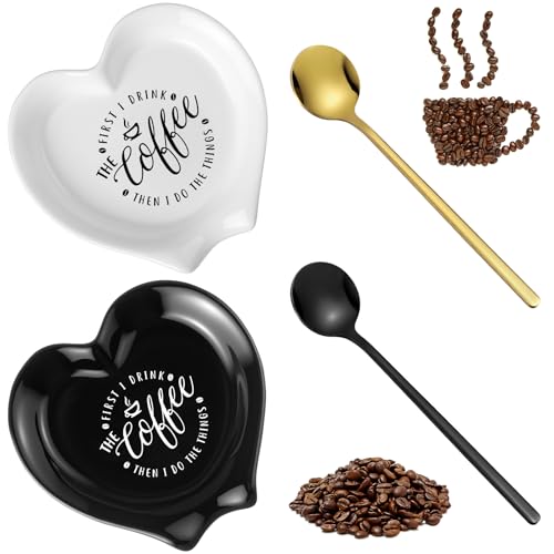 2 Pcs Ceramic Coffee Spoon Rest with Spoon Small Heart Black White Stirrer Holder Bar Station Accessories Decoration Lover Housewarming Gift