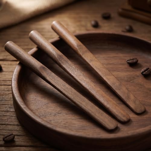 Solid Black Walnut Wood 3Pcs 6" Reusable Coffee Stirrers【Rounded Handle】 (3 Count)