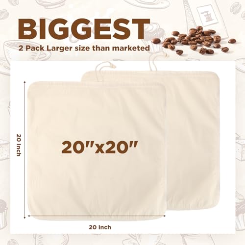 2 Pcs 20 x 20 Inch Large Reusable Cold Brew Coffee Bag Reusable Organic Cotton Cold Brew Filter Bags Washable Coffee Filter Pouch with Easy Open Drawstring Pitchers 5 Gallon Systems up to 5 LBS