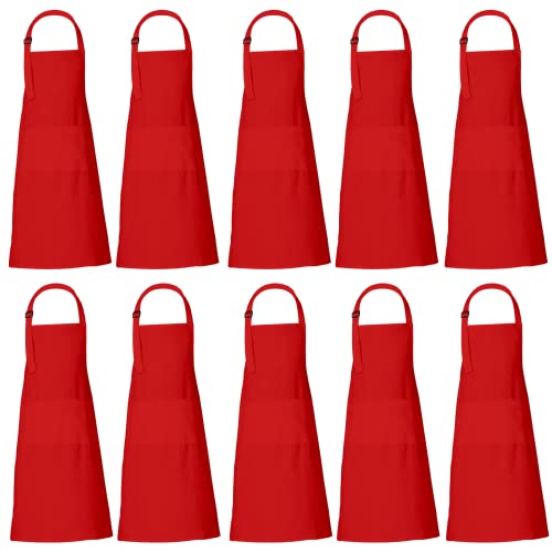 Bulk Apron Women Men with Pockets Cotton Kitchen Cooking Chef Aprons Red 35x27 Inches Set of 10 (10 Count)