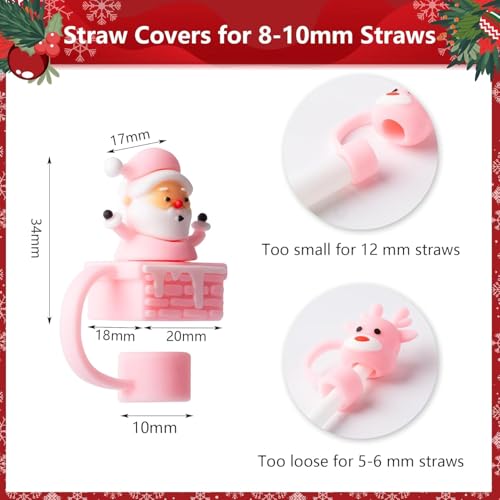8pcs Christmas Straw Topper for Stanley Cup Accessories Santa Claus Christmas Tree 10mm Silicone Straw Covers Cap for Stanley 30 & 40 Oz Tumbler Christmas Gifts (8 Count)