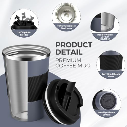 13 oz Stainless Steel Insulated Travel Coffee Mug with Fip Lid Bulk 4 Pack (4 Count)