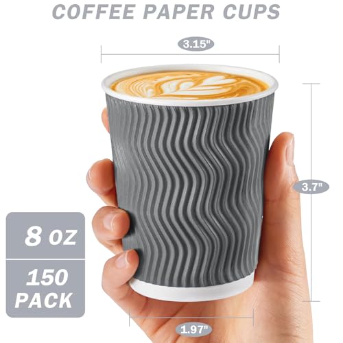 150 Pack 8 oz Coffee Cups Disposable Insulated Paper Cup Gray (150 Count)