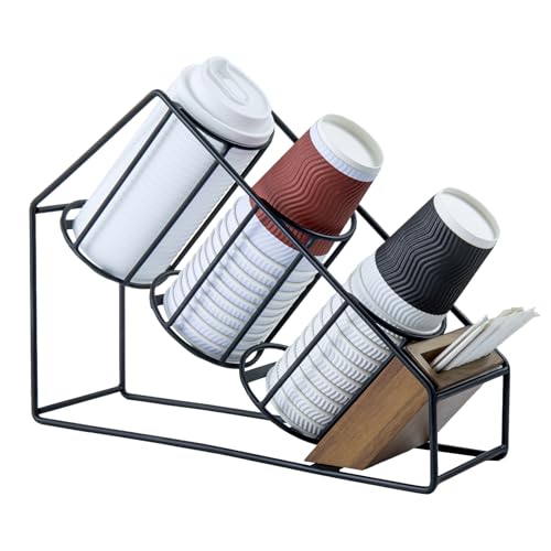 Industrial Matte Black Metal Wire & Acacia Wood Countertop Disposable Coffee Cup Organizer